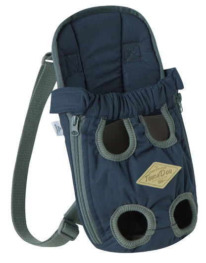 Navy dog carrier backpack with circular ventilation openings and shoulder strap