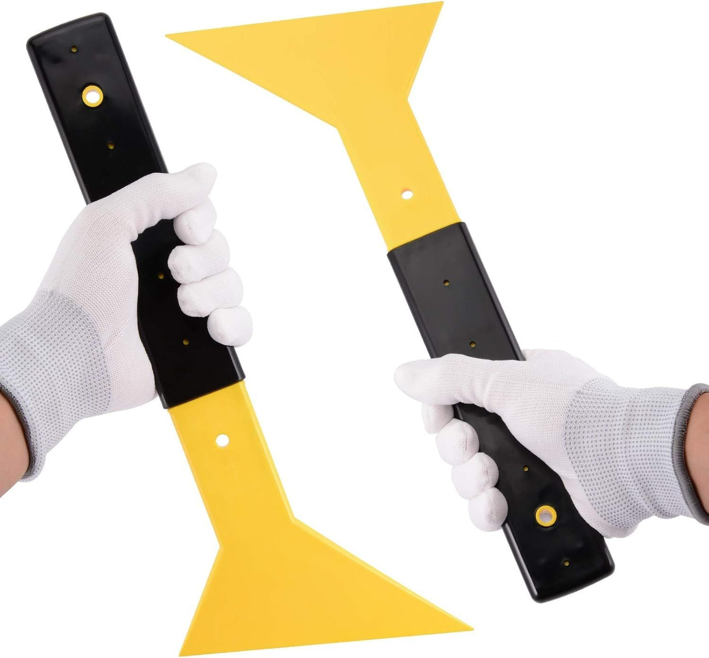 Yellow and black window film squeegee held in gloved hands