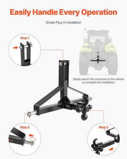 VEVOR 3-point trailer hitch installation steps, showing 2 in receiver plug-in setup