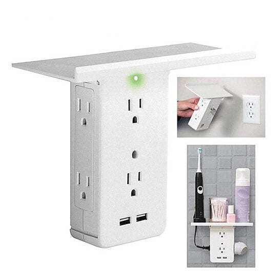 White wall power outlet with built-in shelf, 6 AC outlets and 2 USB ports