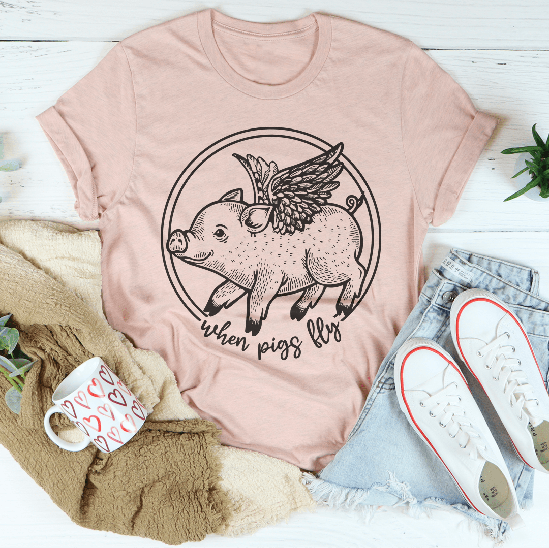 Mauve crewneck t-shirt with pig and wings graphic print, short sleeves