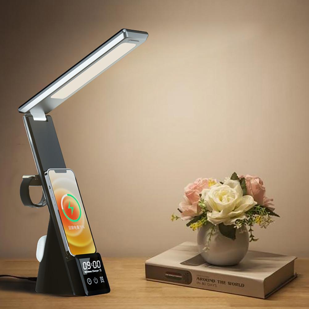 Wireless charging LED table lamp with clock display and illuminated charging pad