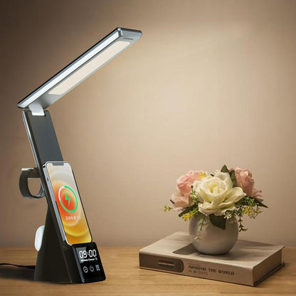 Wireless charging LED table lamp with clock display and illuminated charging pad