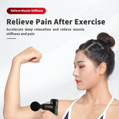 Black massage gun with round head aimed at the neck and shoulder area