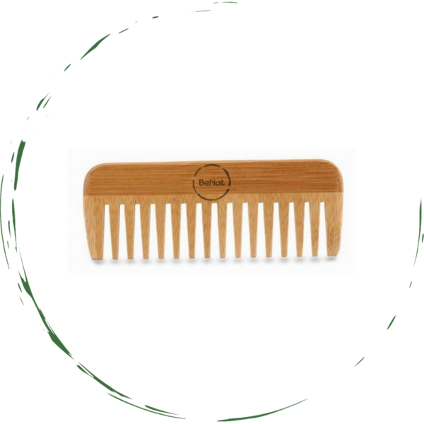 All-Natural bamboo comb with wide teeth and smooth rounded handle, light brown bamboo.