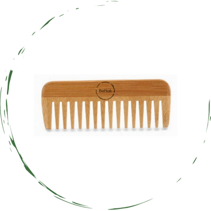All-Natural bamboo comb with wide teeth and smooth rounded handle, light brown bamboo.
