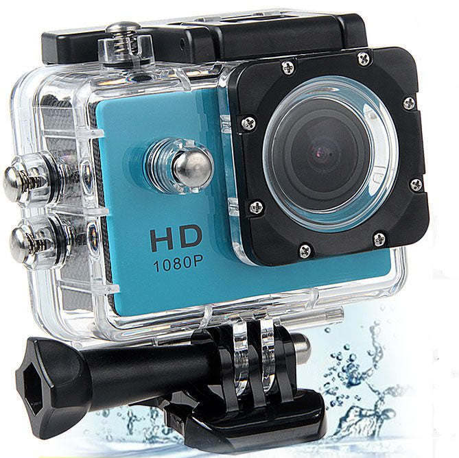 Blue and clear waterproof action camera housing with wide lens and mount