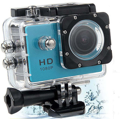 Blue and clear waterproof action camera housing with wide lens and mount