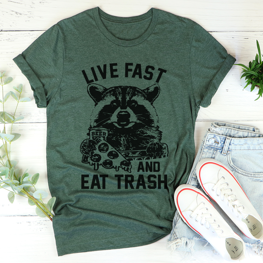 Green graphic t-shirt with raccoon holding pizza, text "LIVE FAST" and "EAT TRASH"