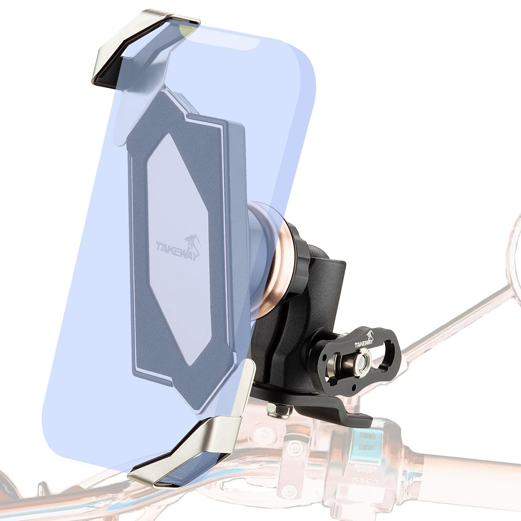 Motorcycle phone mount with anti-vibration base and double socket arm for rearview mirror