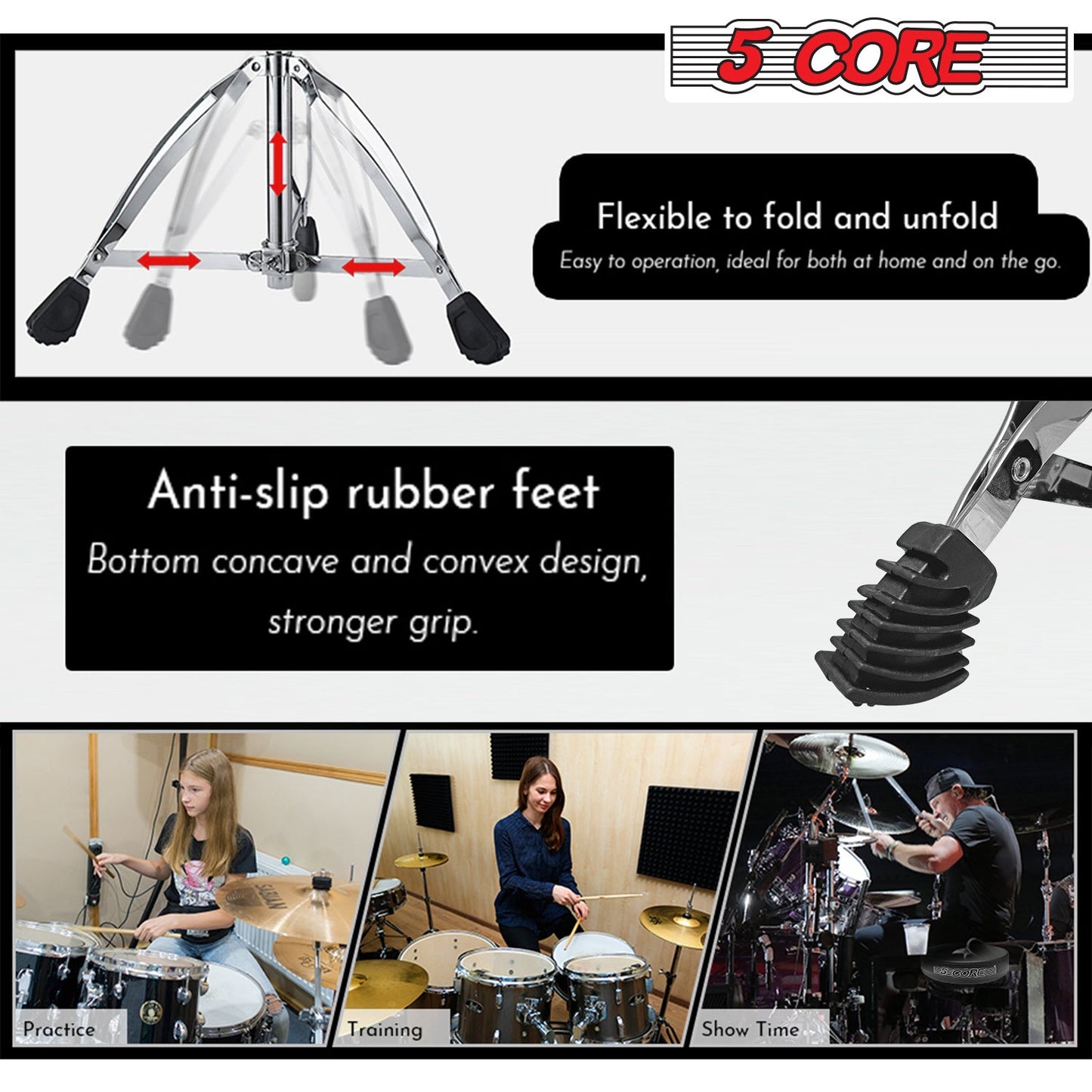 Black padded drum stool seat with folding tripod legs and anti-slip rubber feet.