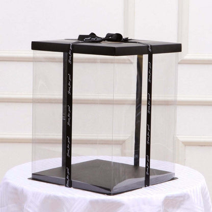 Rose teddy bear gift box with black lid and ribbon bow, clear sides