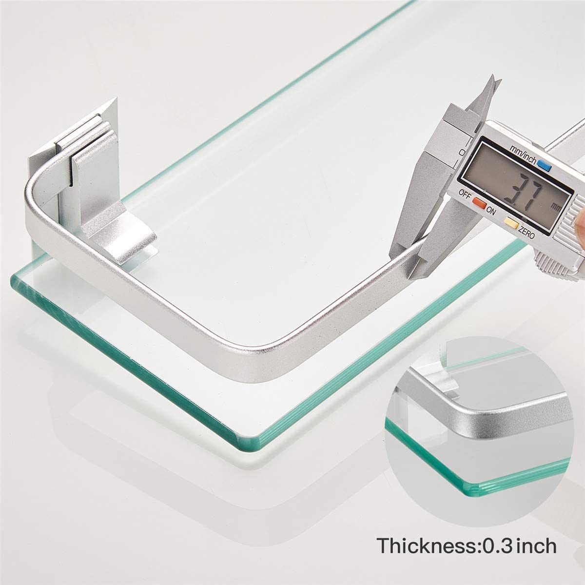 Wall-mounted glass bathroom shelf corner support with clear glass, thick glass edge