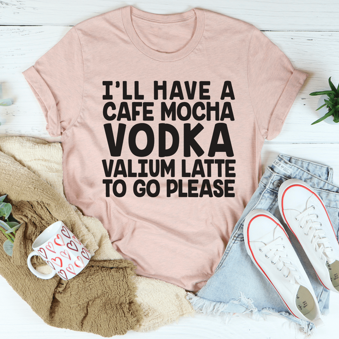 Light mauve graphic T-shirt with 'I'll Have a Cafe Mocha' slogan print