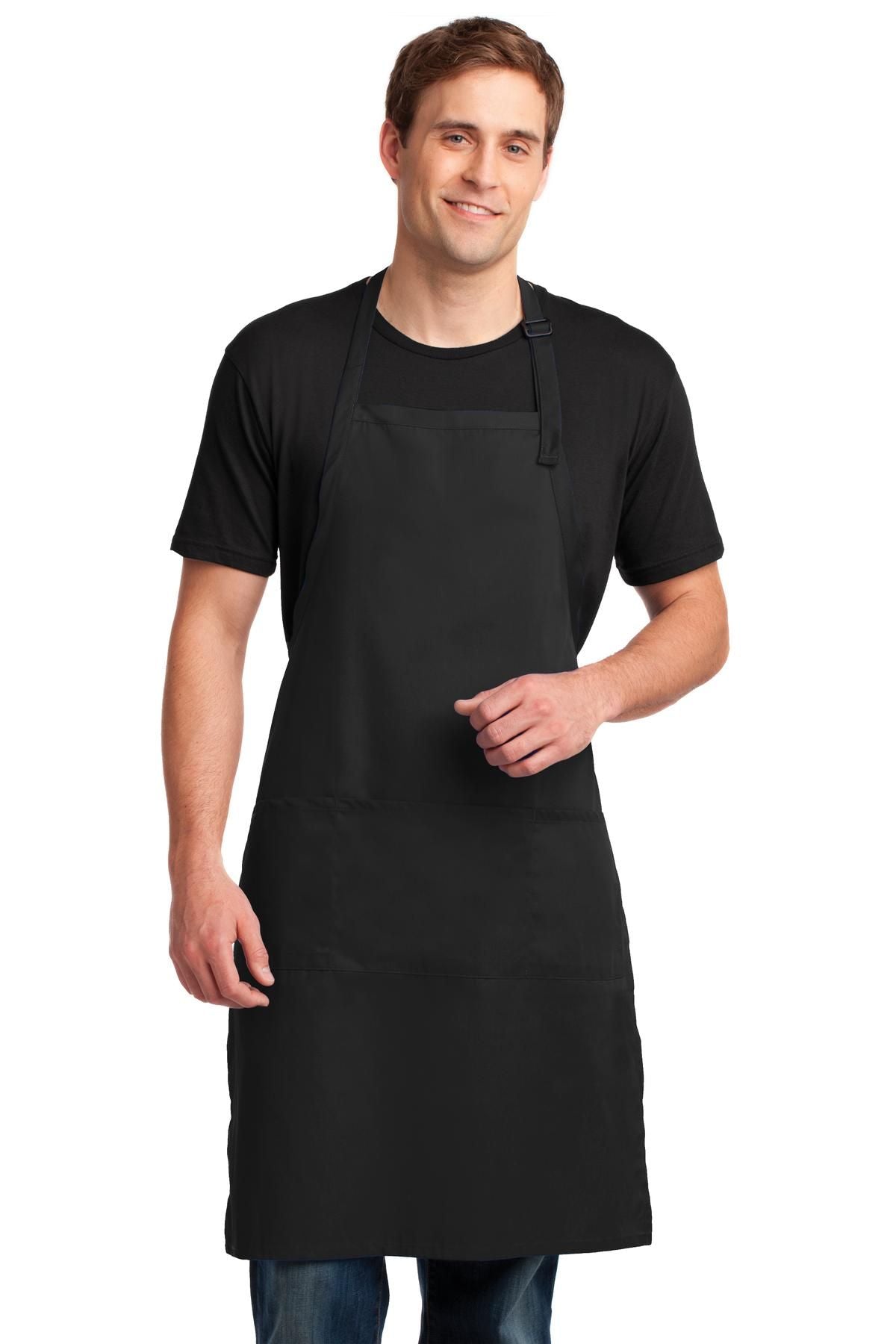 Black bib apron with front pocket and adjustable neck strap
