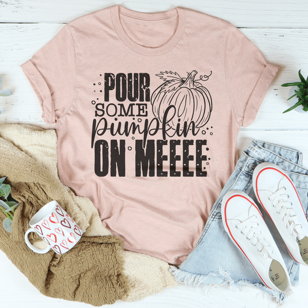 Pink T-shirt with 'Pour Some Pumpkin' on Melee front graphic print