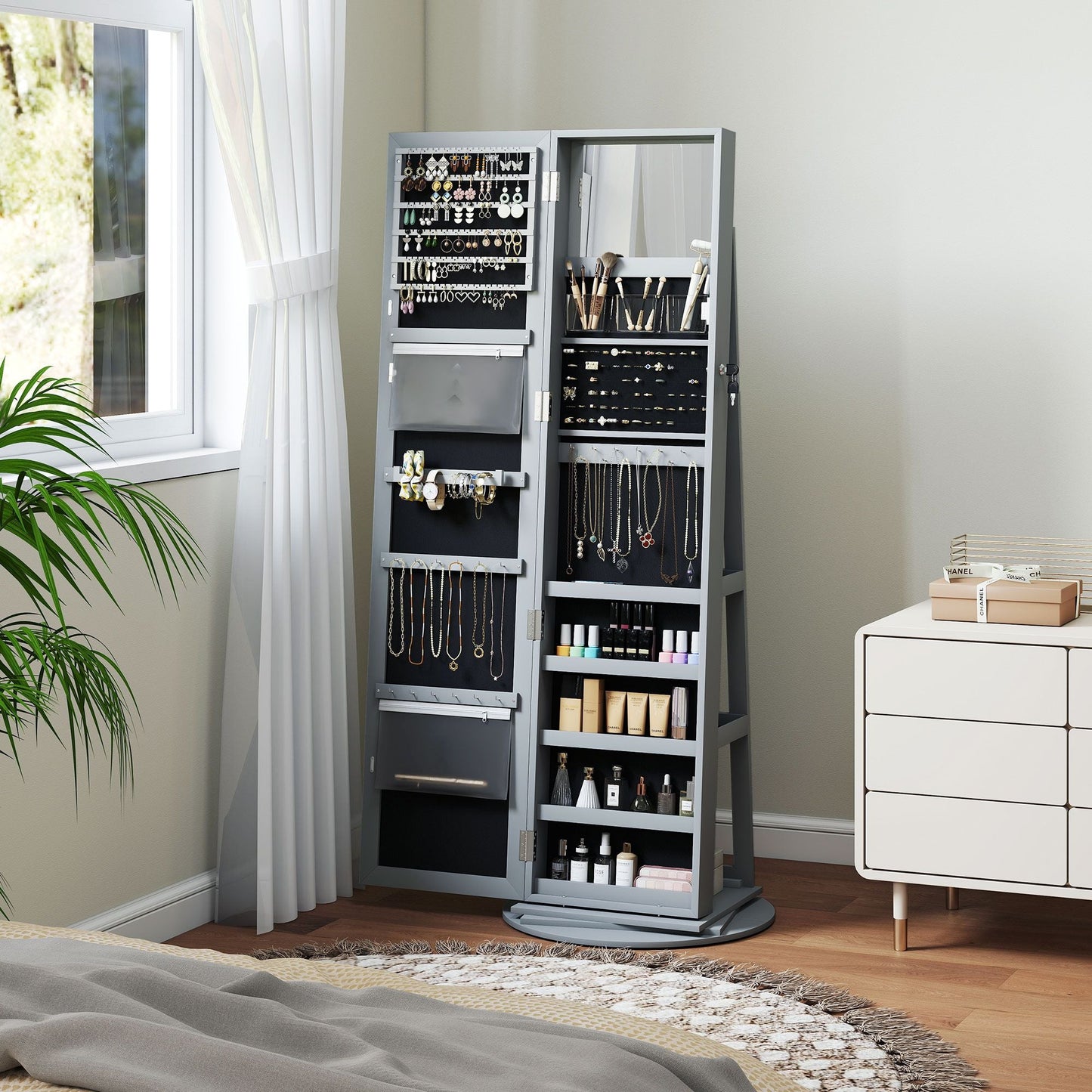 HOMCOM 360° Swivel Jewelry Armoire, Lockable Jewelry Cabinet with Full-Length Mirror, Storage Shelves, Gray