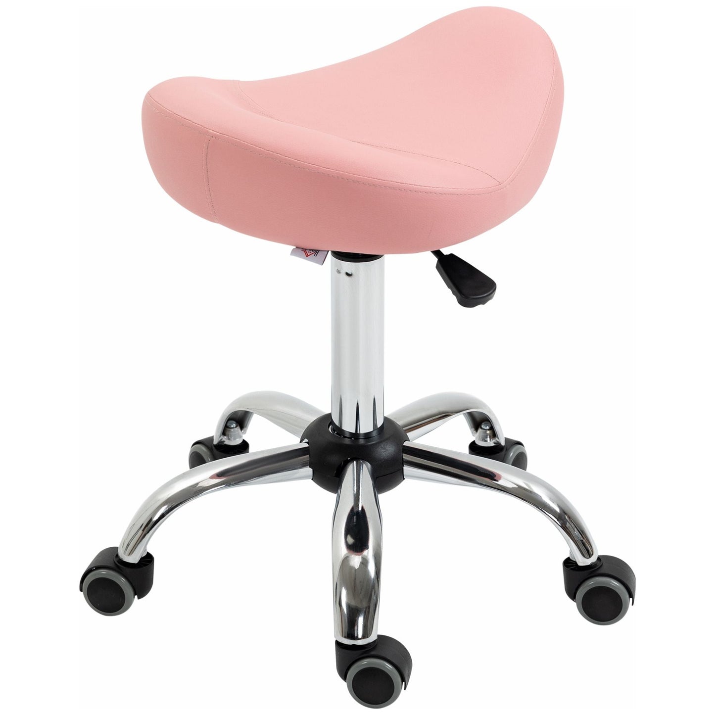 Saddle Stool Chic: Height Adjustable Rolling Salon Chair in Pink PU Leather for Massage, Spa, Clinic, Beauty, and Tattoo