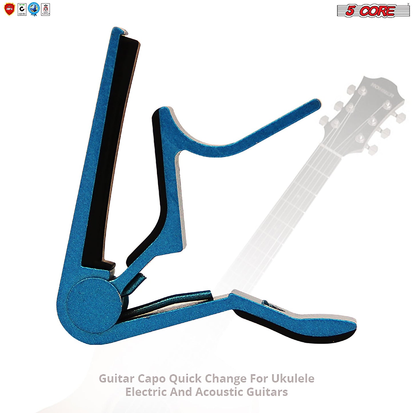 Blue guitar capo clamp with curved lever and black string-contact pad.