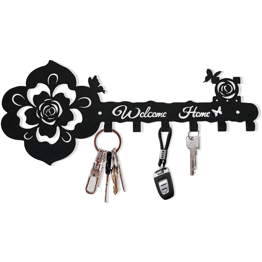Black rose and butterfly key hanger with 5 hooks holding several keys