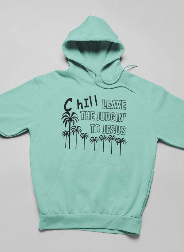 Mint green hoodie with hood and front graphic text with palm trees