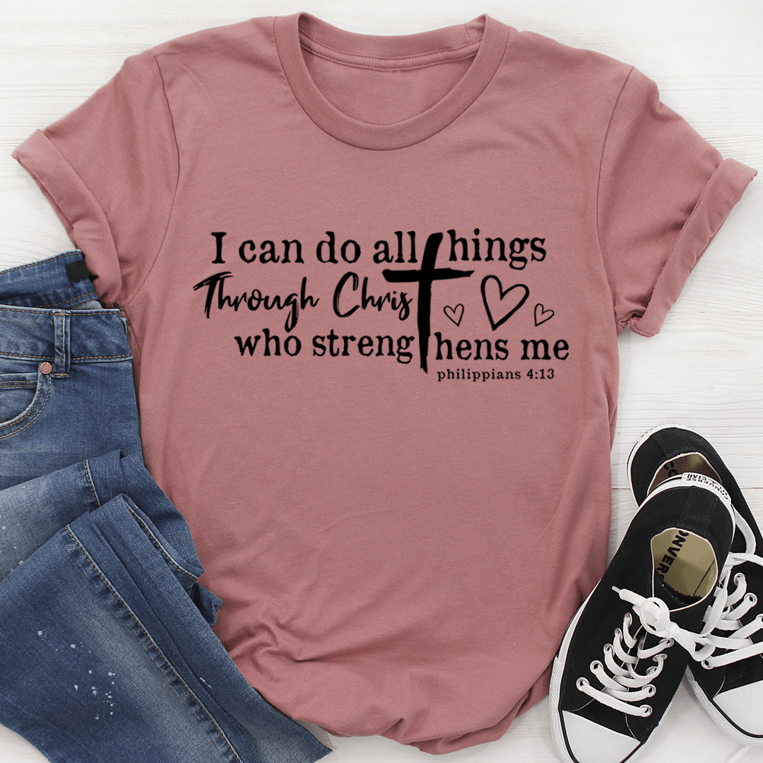 Mauve T-shirt with black-and-white inspirational quote and heart cross graphic