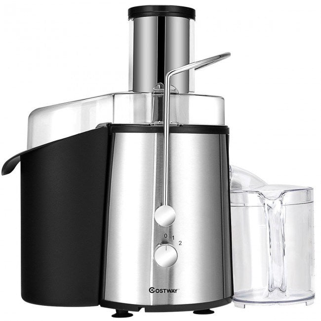 Electric centrifugal juice extractor with stainless body, black pulp container, and feed tube