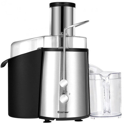 Electric centrifugal juice extractor with stainless body, black pulp container, and feed tube