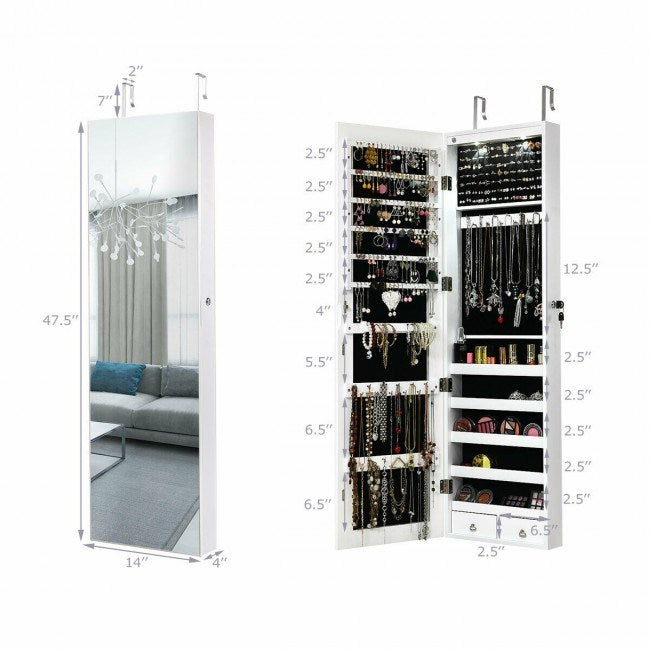 Wall-mounted mirrored jewelry cabinet with dimensions, hooks, drawers, and ring slots