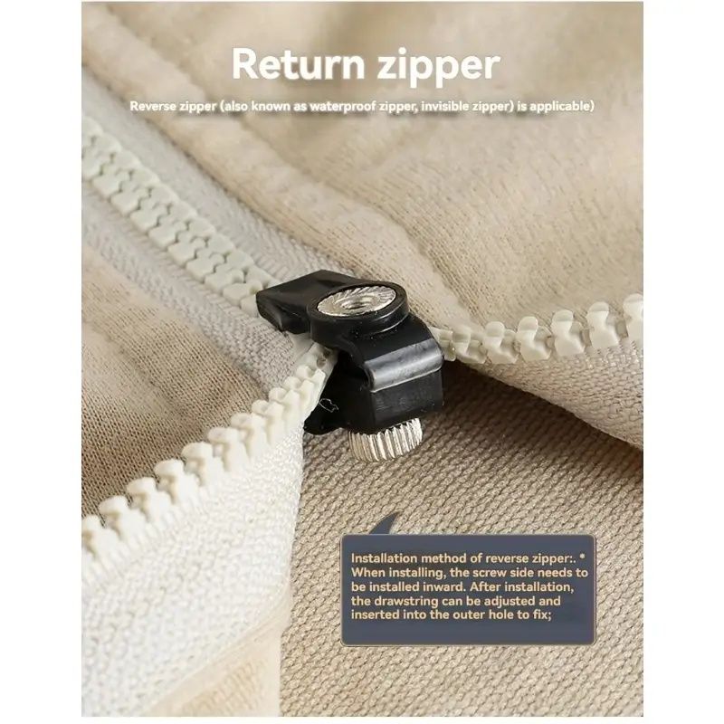 No sew zipper repair tool clipped to a zipper track on light fabric