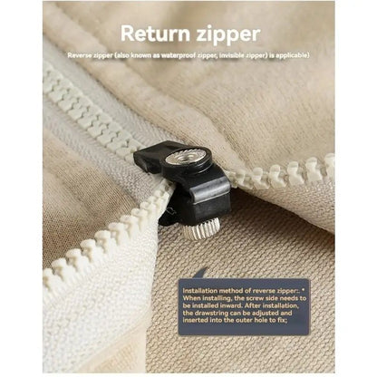 No sew zipper repair tool clipped to a zipper track on light fabric