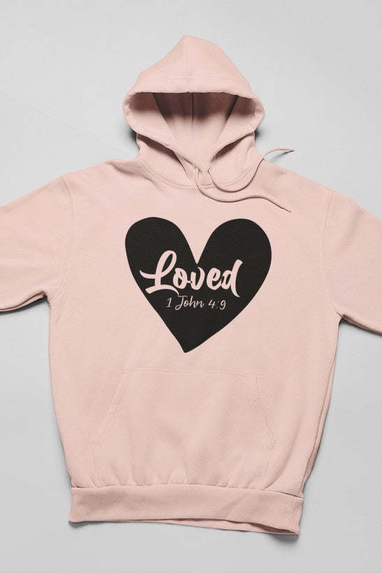 Light pink hoodie with front heart logo graphic and hood with drawstrings