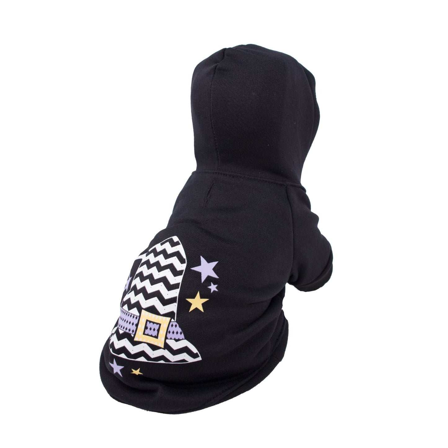 Dark hooded pet sweater costume with pointed hat and star zigzag side print