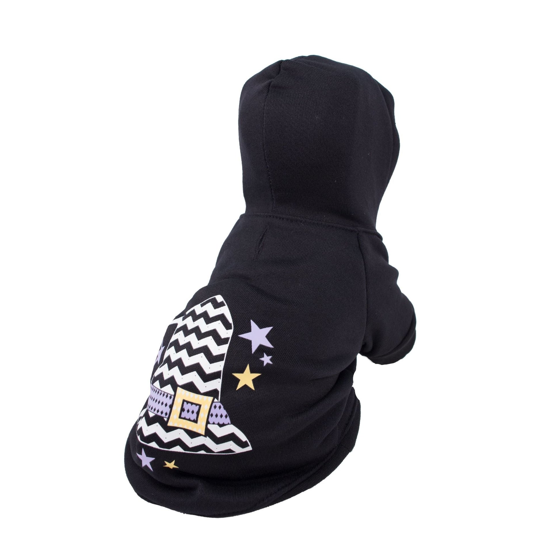 Dark hooded pet sweater costume with pointed hat and star zigzag side print