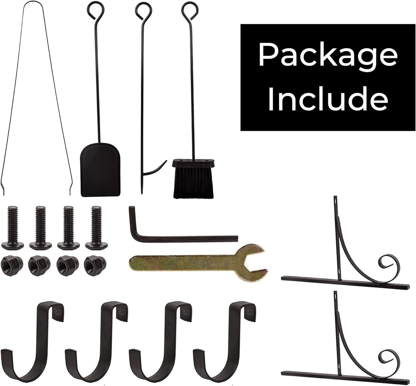 Fireplace screen installation kit with screws, L-brackets, hooks, and brush
