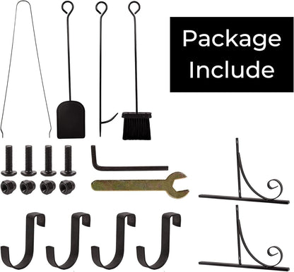 Fireplace screen installation kit with screws, L-brackets, hooks, and brush