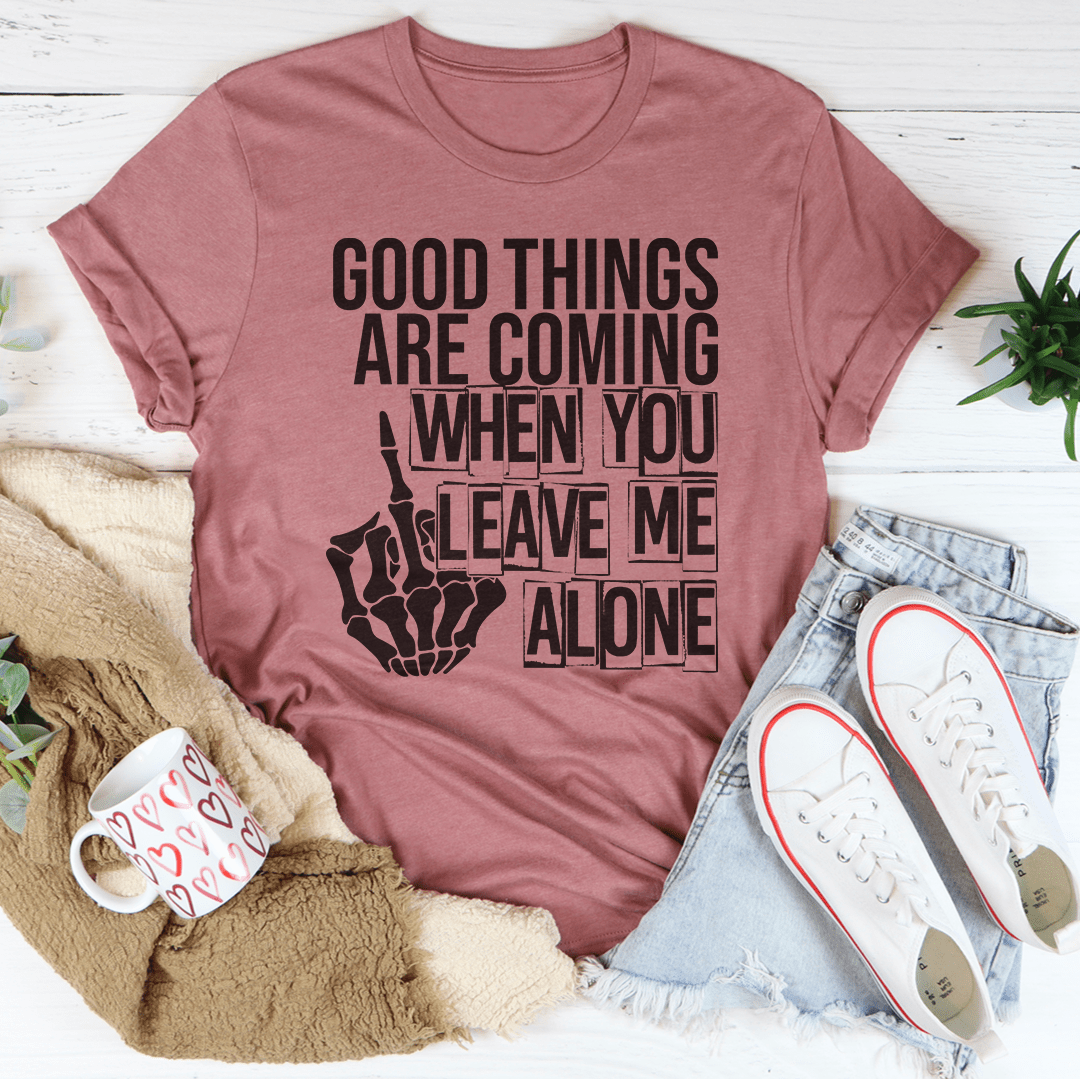 Mauve graphic T-shirt with 'GOOD THINGS' slogan and skeleton hand graphic