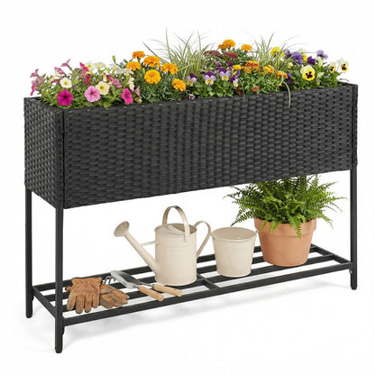 Raised Wicker Garden Bed with Storage Shelf and Removable Liner