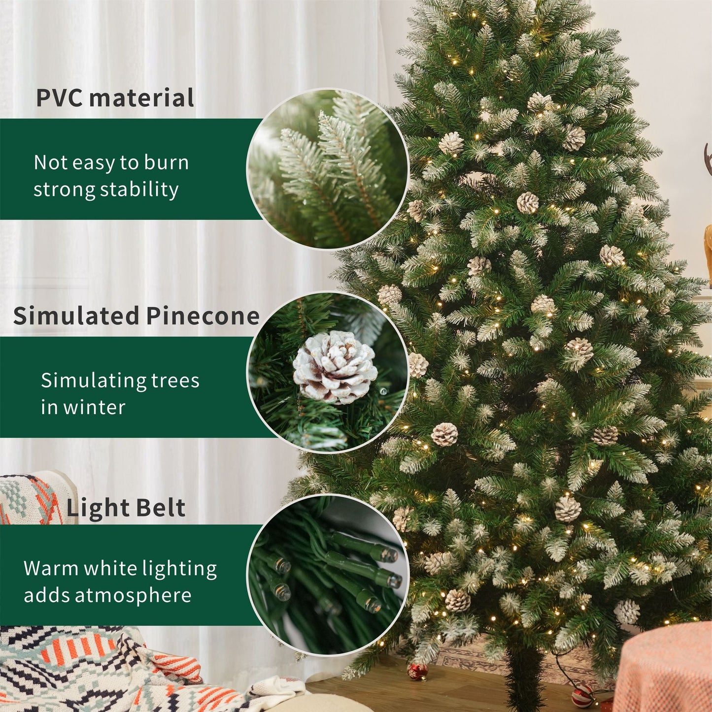 6FT Snow-Frosted Christmas Tree with Pine Cones and 400 Warm White LED Lights