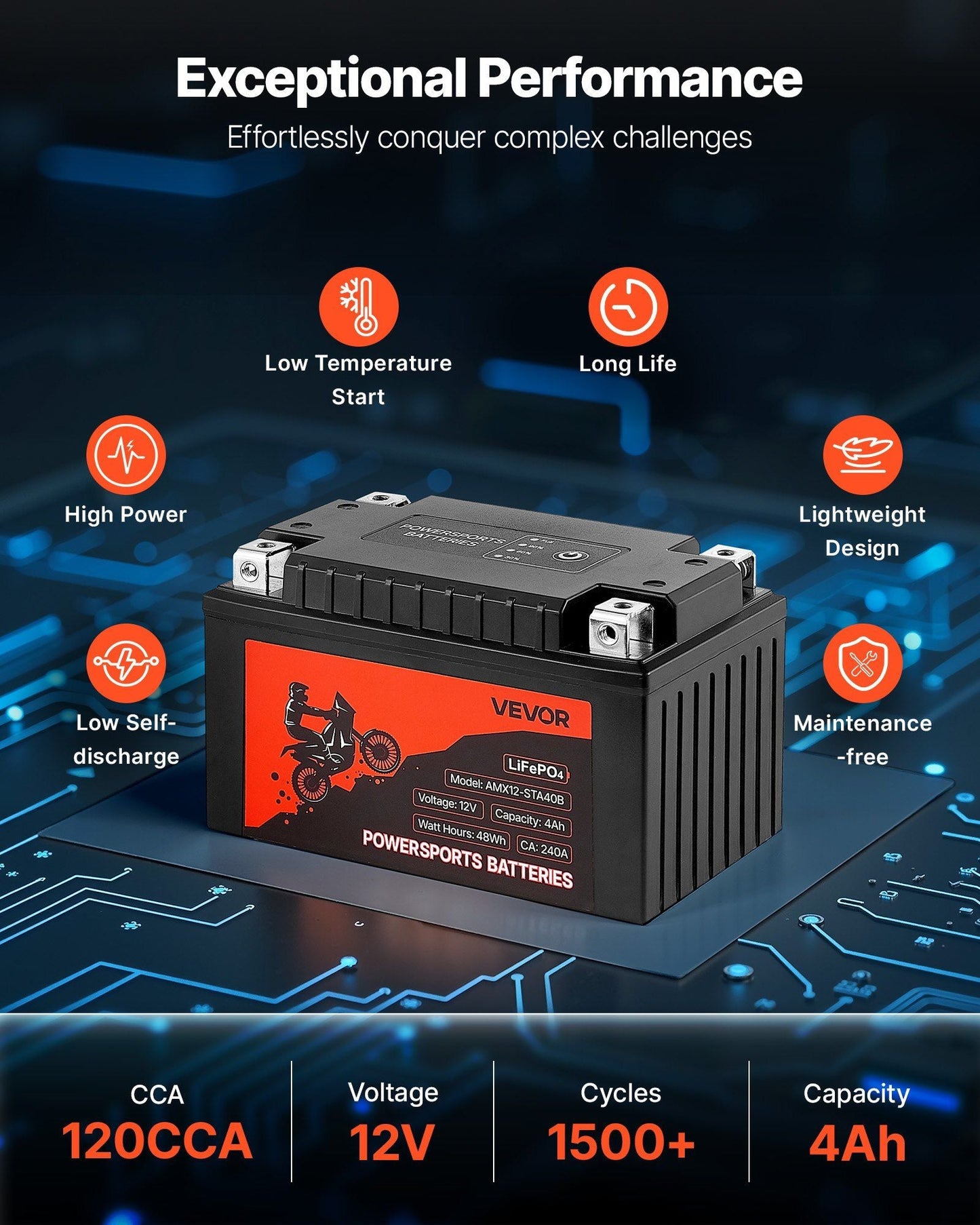 VEVOR LiFePO4 powersports battery with orange label and top terminal posts