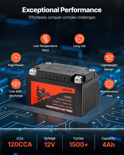 VEVOR LiFePO4 powersports battery with orange label and top terminal posts