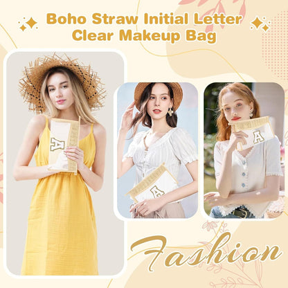 Personalized Initial Letter Bag Boho Straw Clear Makeup Bag,Small Cute Chenille Varsity Letter Bag With Zipper,Beach Travel Toiletry Bag,Portable Monogrammed Cosmetic Bag for Women Girls,A