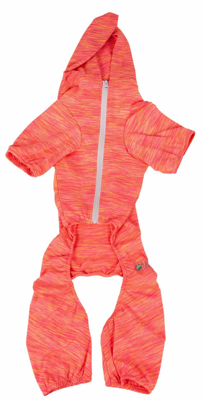 Red-orange heathered full-body hoodie jumpsuit with zip and thumbhole cuffs
