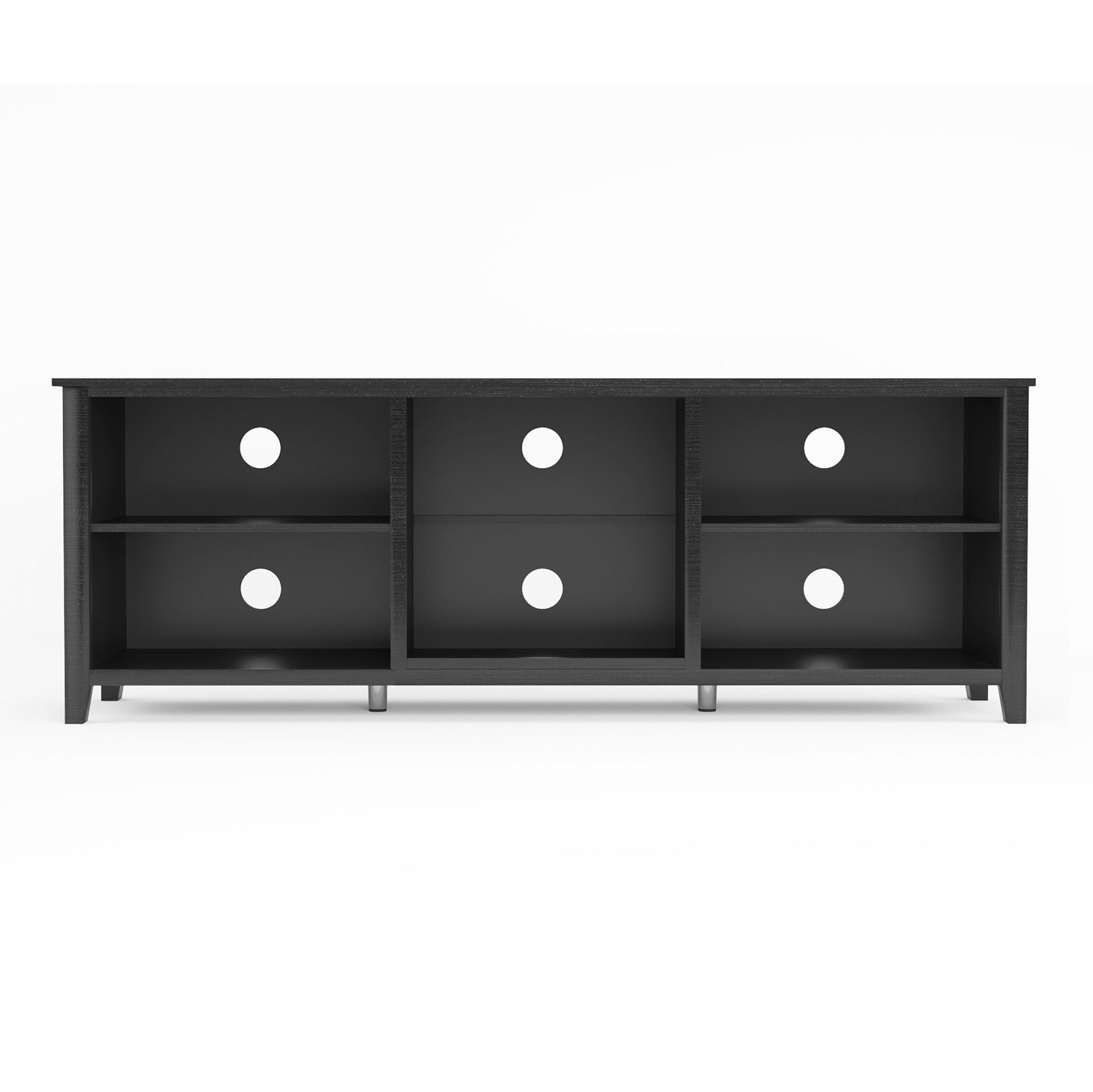 Black TV stand with three front drawer sections, each with round pulls, and open shelves.