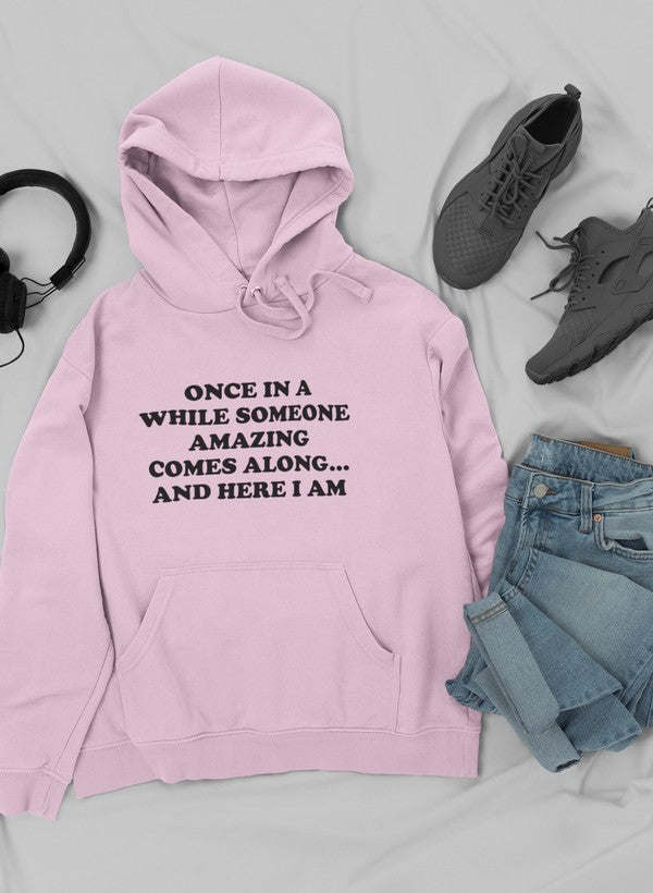 Mauve pullover hoodie with hood, drawstring, and front pouch pocket; black graphic print