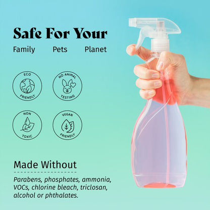 Bathroom cleaner spray bottle with grapefruit cleaner and family/pet/planet safety icons