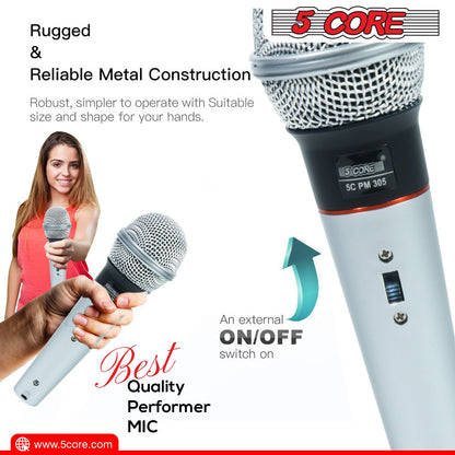 Handheld wired dynamic microphone with external on/off switch, light blue body.