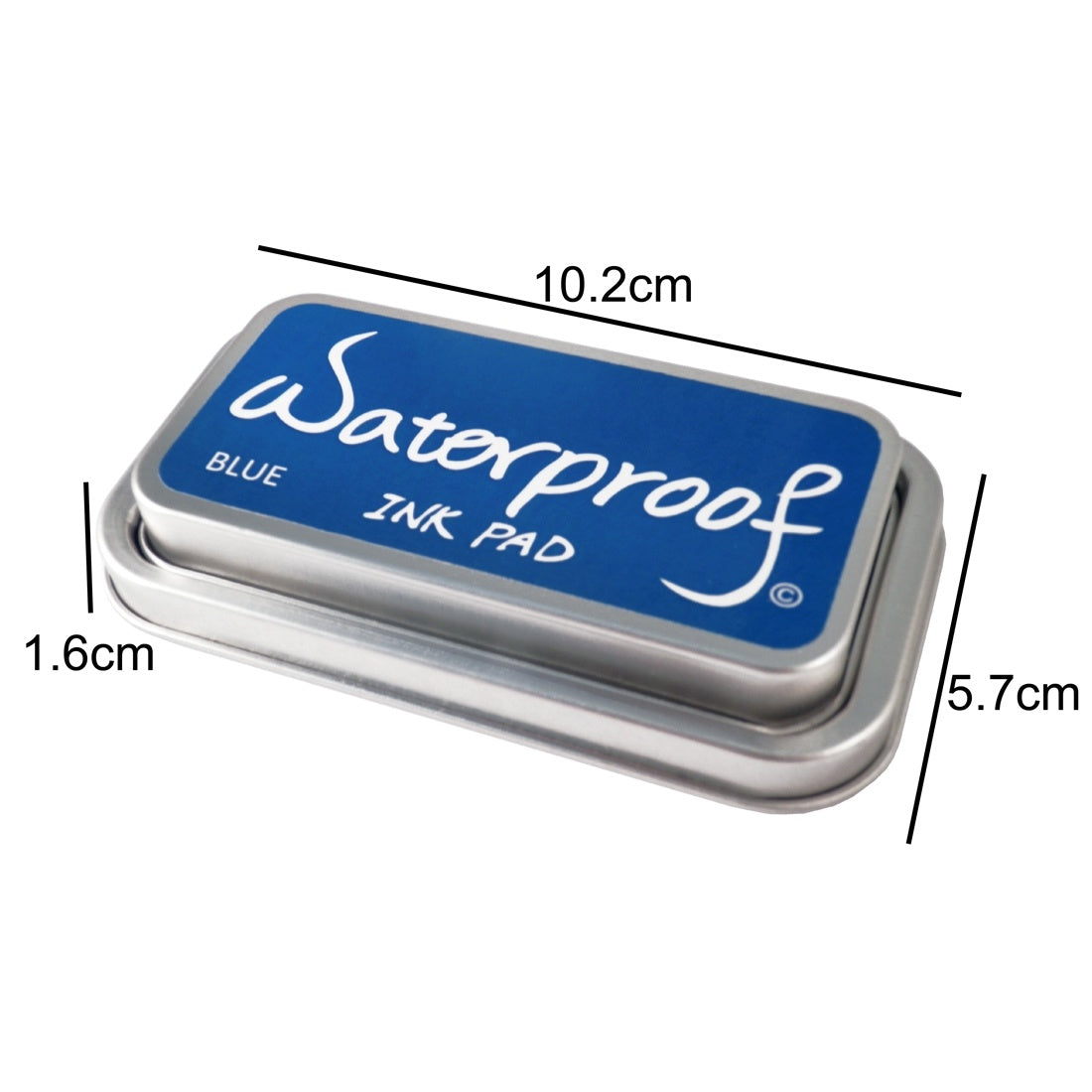 Blue waterproof ink pad in gray metal storage case