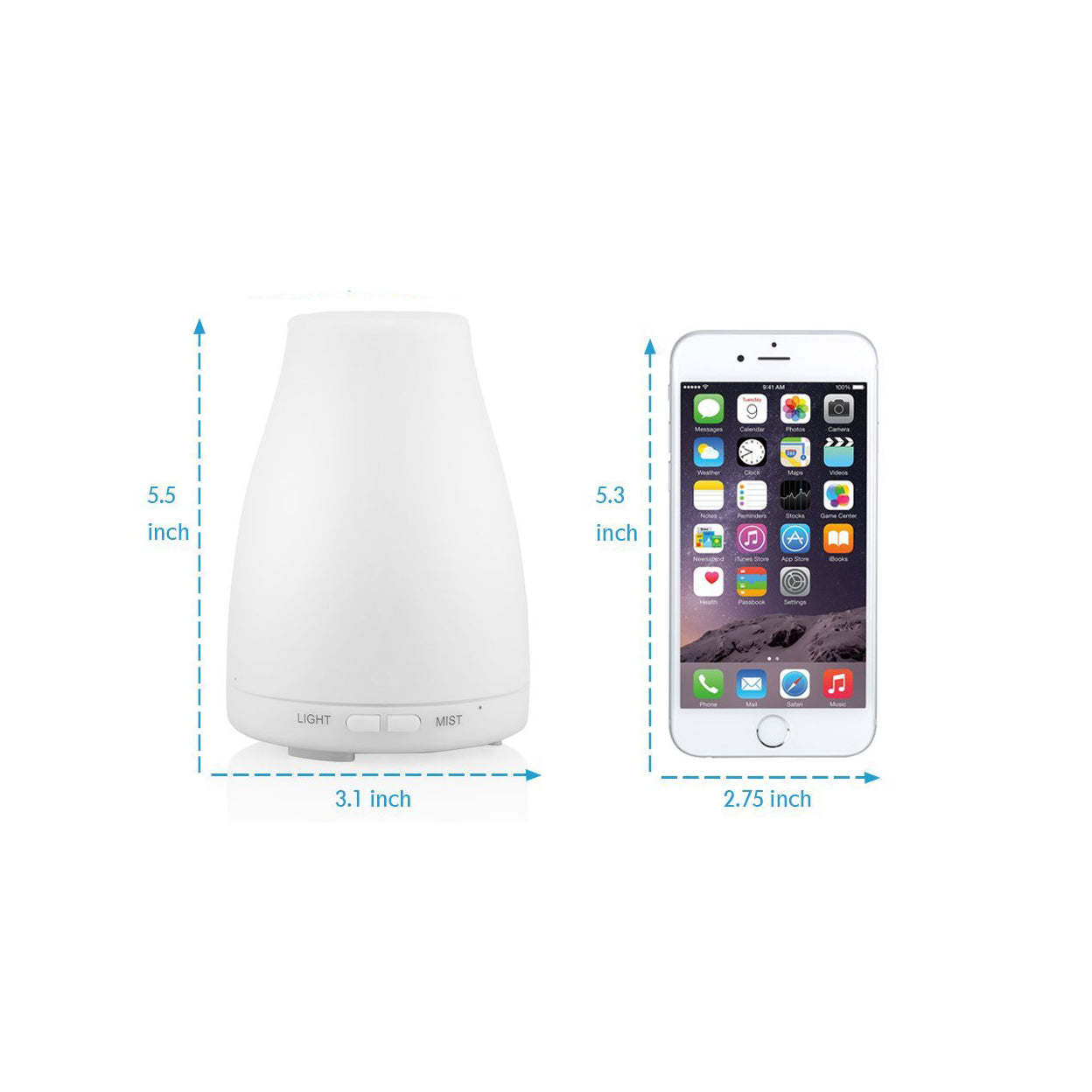 Aromatherapy-free humidifier with size measurements shown, and phone for scale.