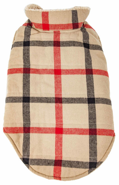 Insulated dog coat with beige fleece body and red/black plaid pattern around the hood